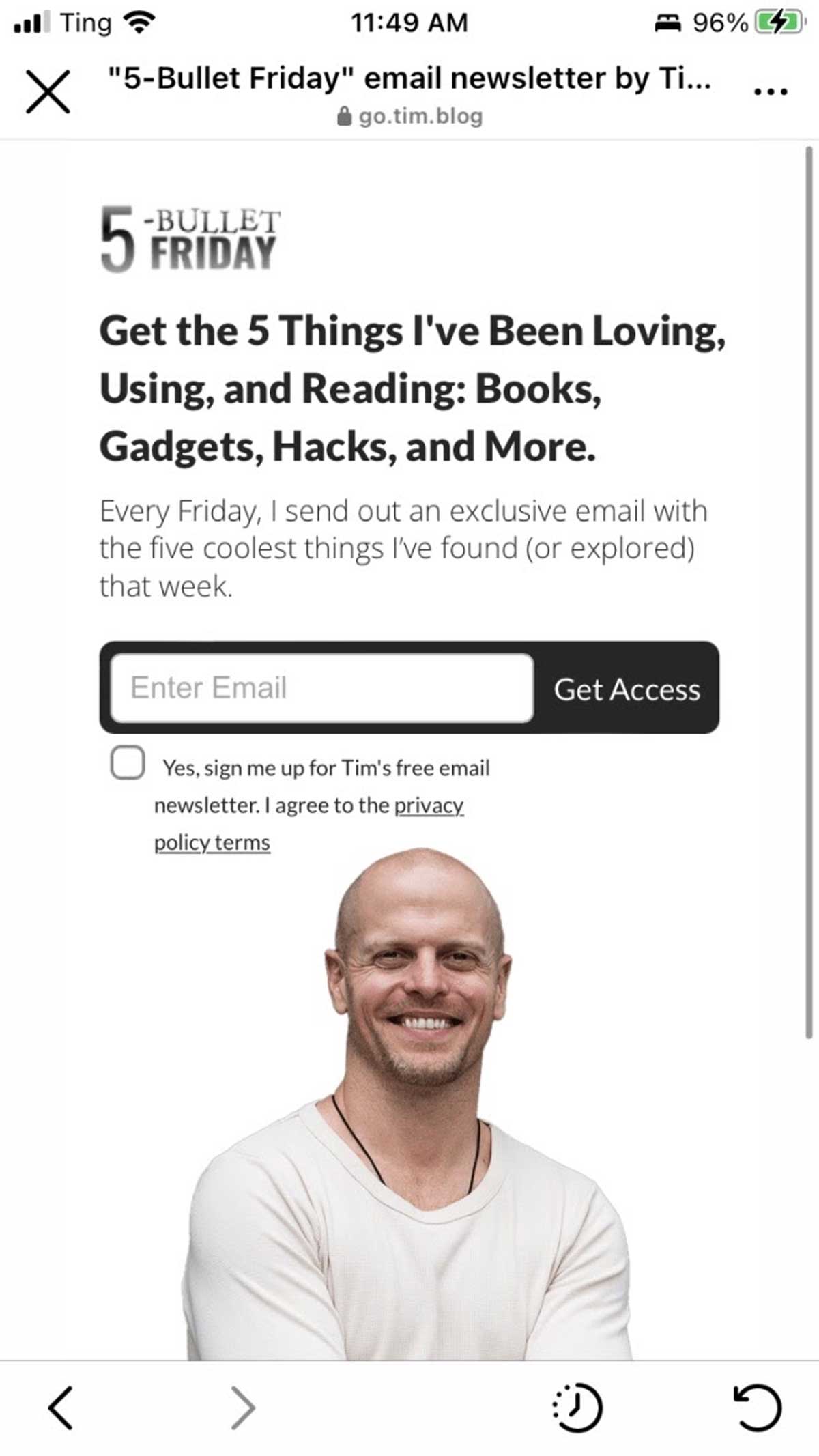 Tim Ferriss 5-Bullet Friday popup