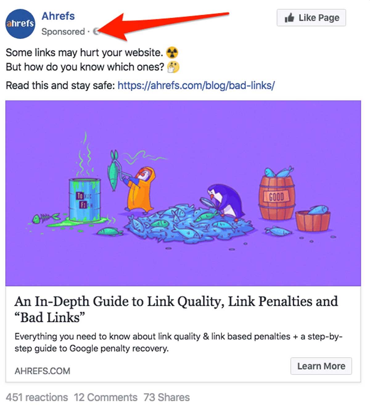 Ahrefs sponsored Facebook post example