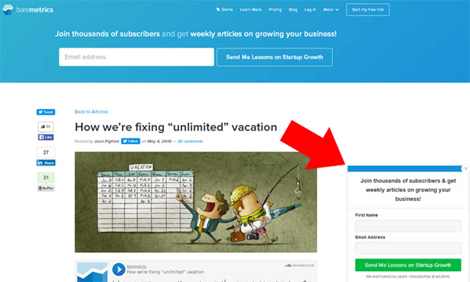 Baremetrics slide-in form example
