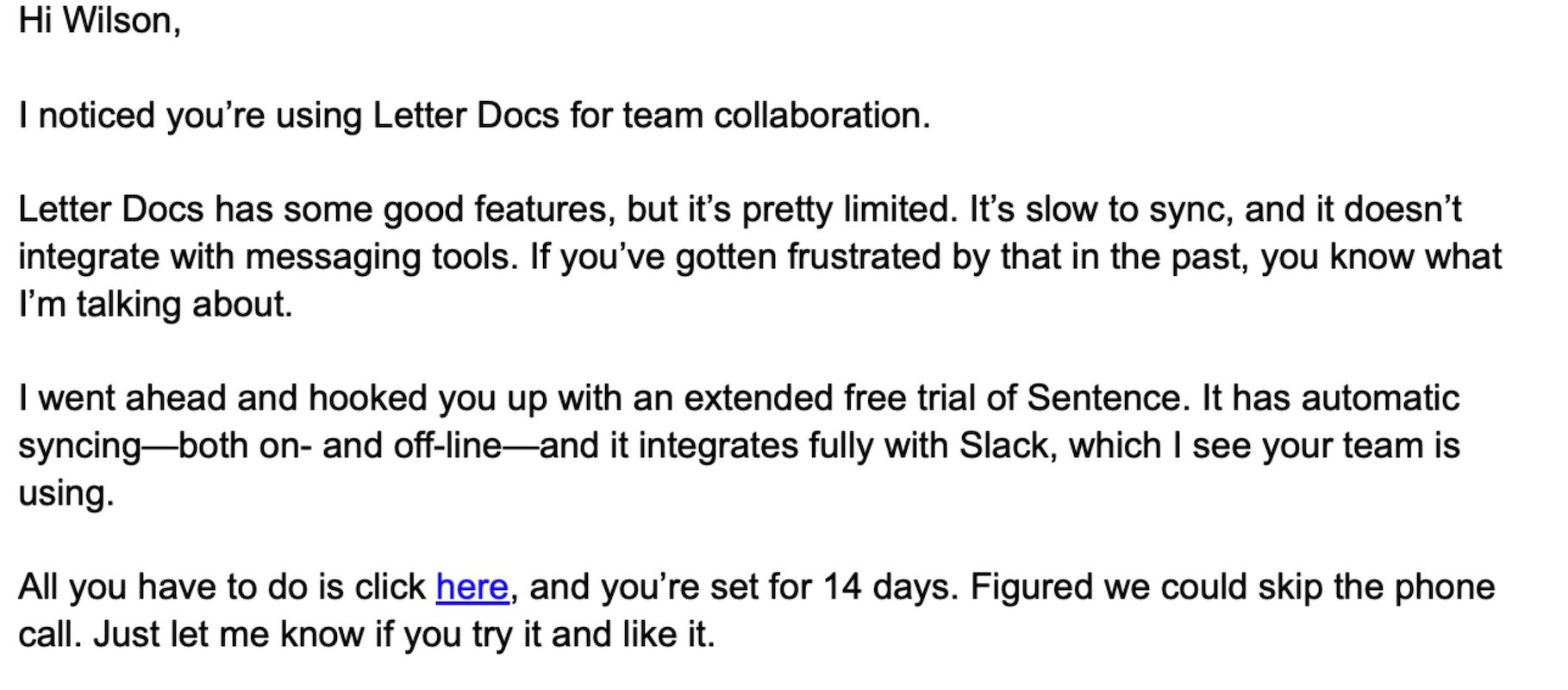 cold email example - activate a free trial