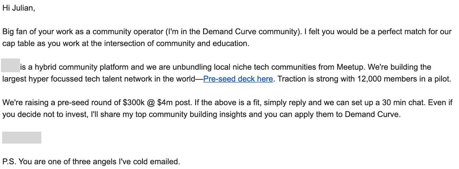 cold email example - raise investment money