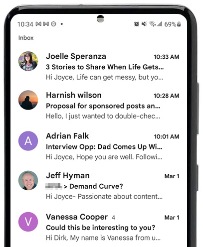 Smartphone with Gmail open, and subject lines cut off