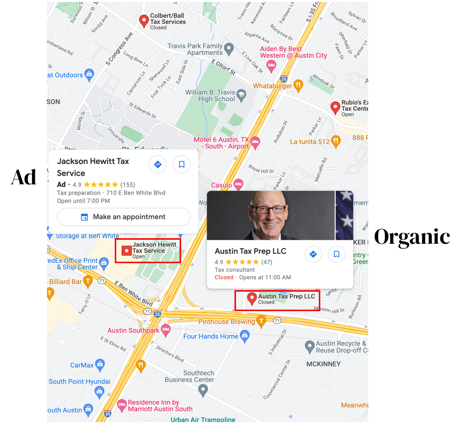 Google Map ad versus organic listing
