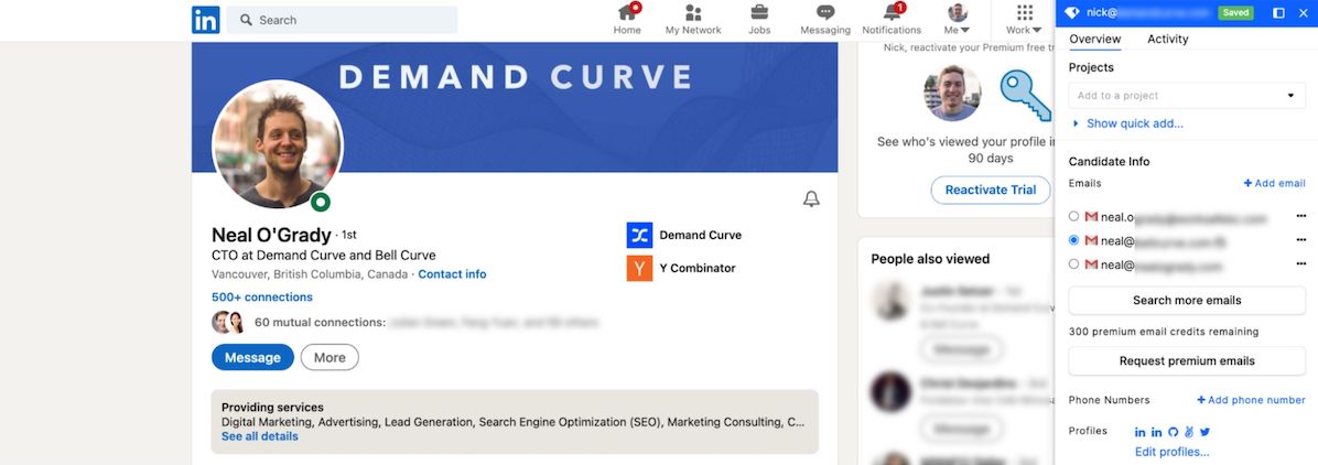 use gem.com to find email addresses through linkedin