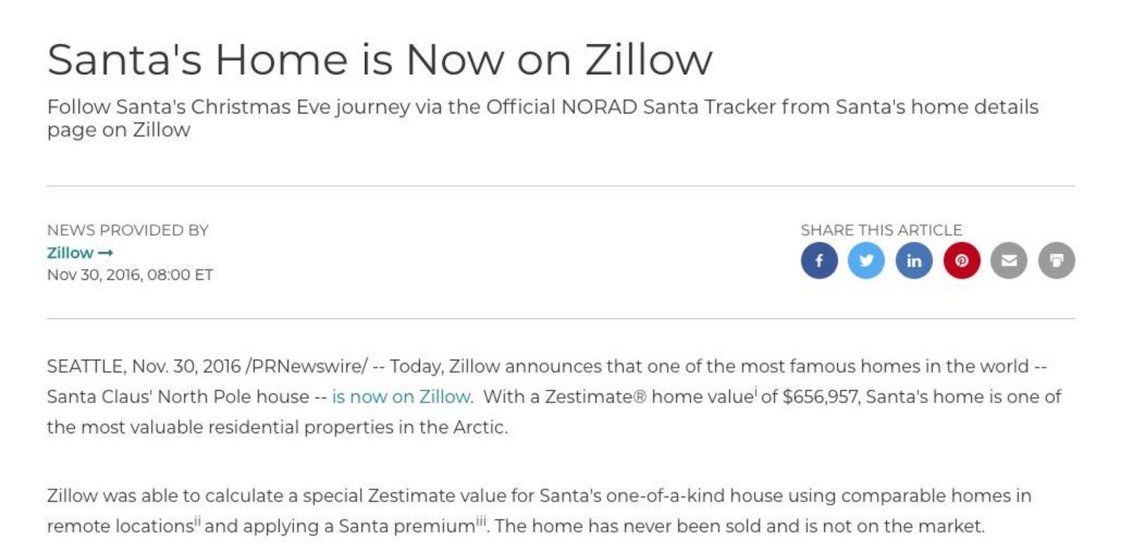 zillow press release - santa's home