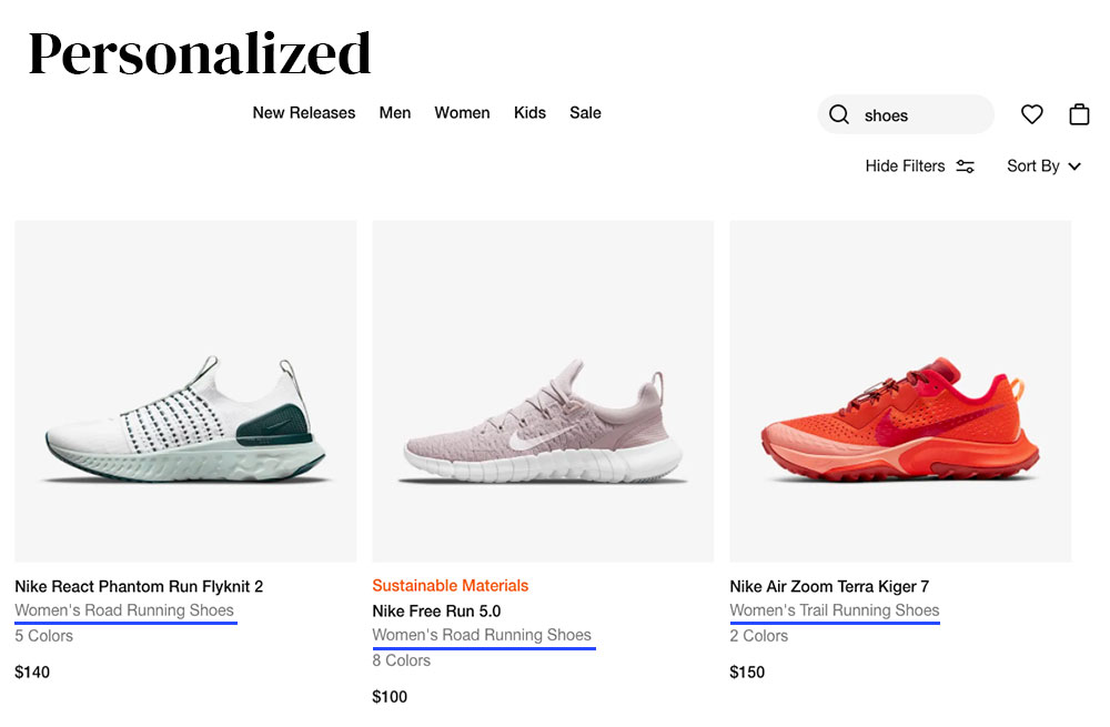How Nike's search results look when personalized