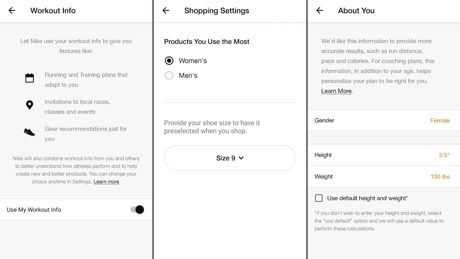 Screenshots of Nike Run Club's app interface