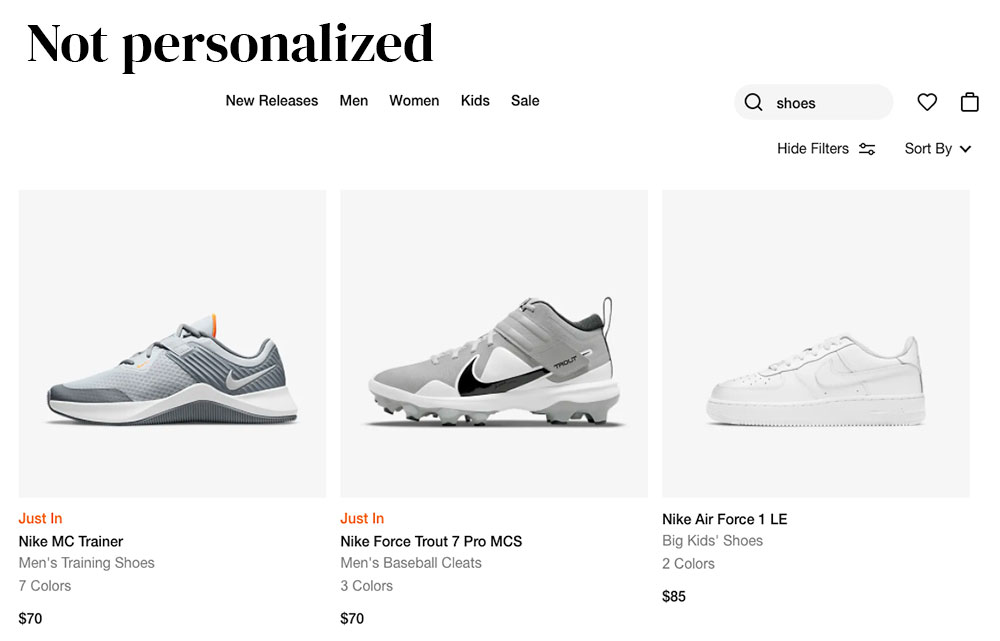 How Nike's search results look when not personalized
