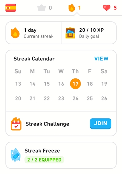 DuoLingo's app and streak calendar