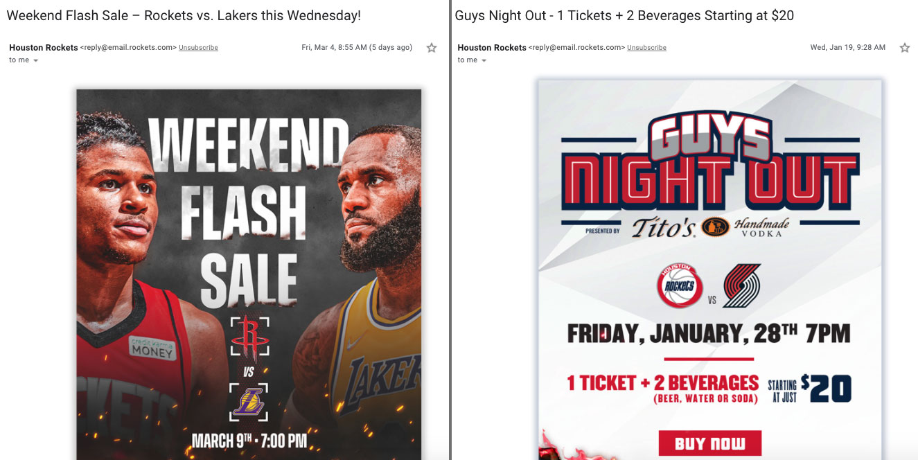 Email offers from Houston Rockets promoting special deals