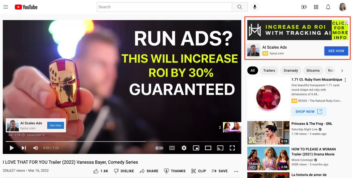Screenshot of companion banner on YouTube's in-stream video ad