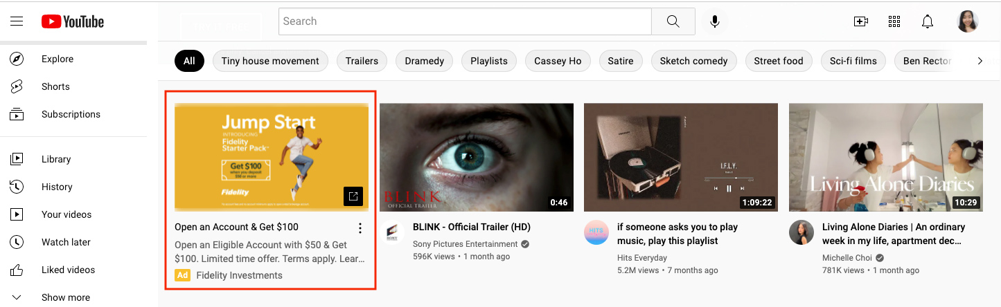 Screenshot of YouTube's in-feed video ad on home screen