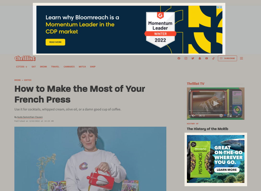 Screenshot of display ads on Thrillist