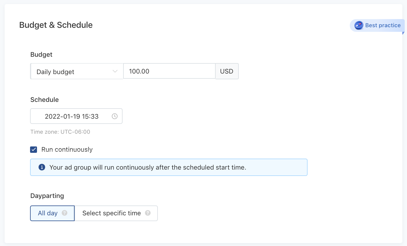 TikTok Ads Manager - budget and schedule