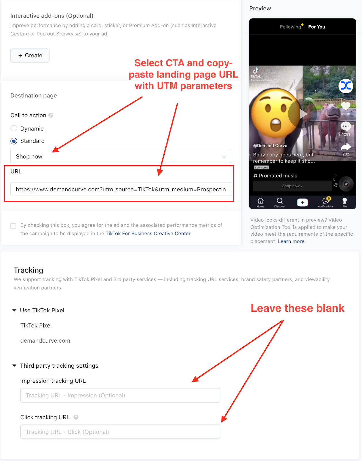 TikTok Ads Manager - specify CTA and destination URL