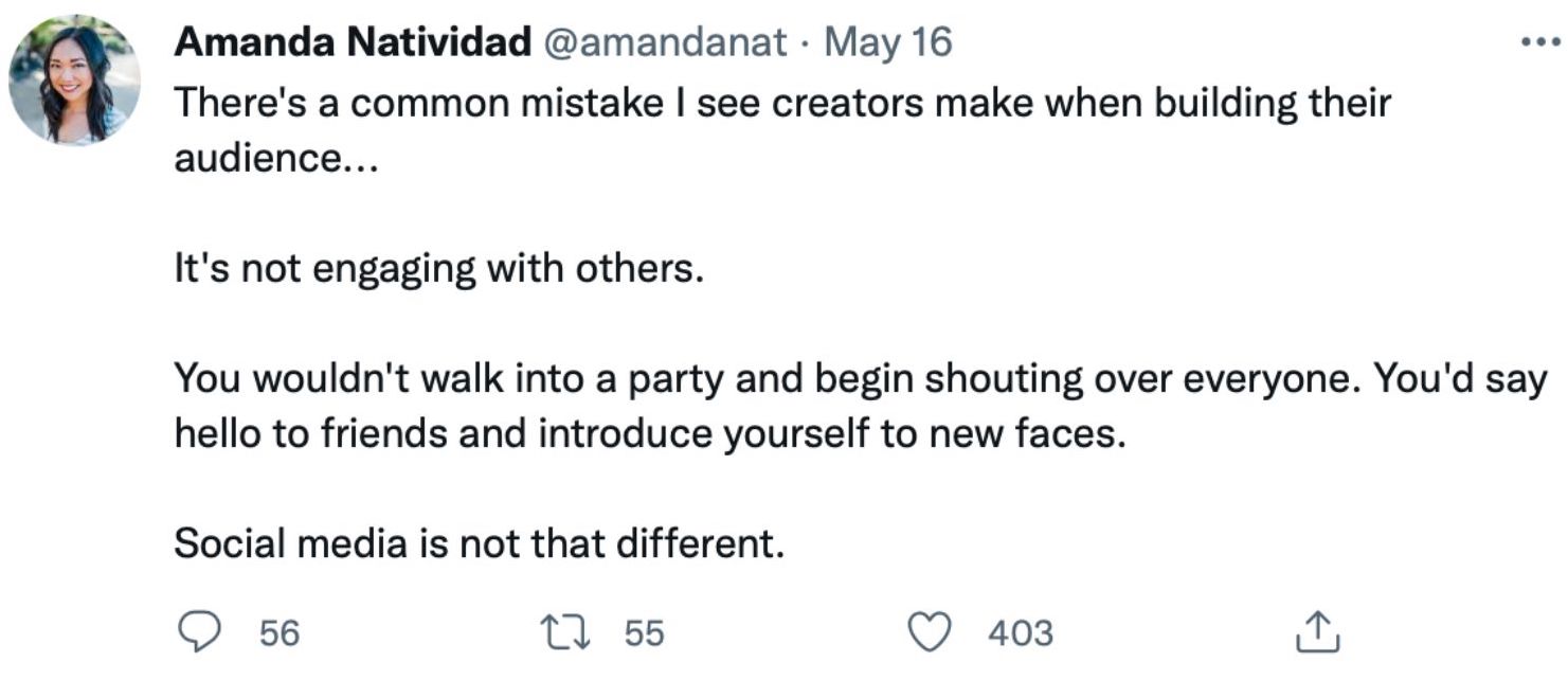 tweet about importance of engaging with other creators