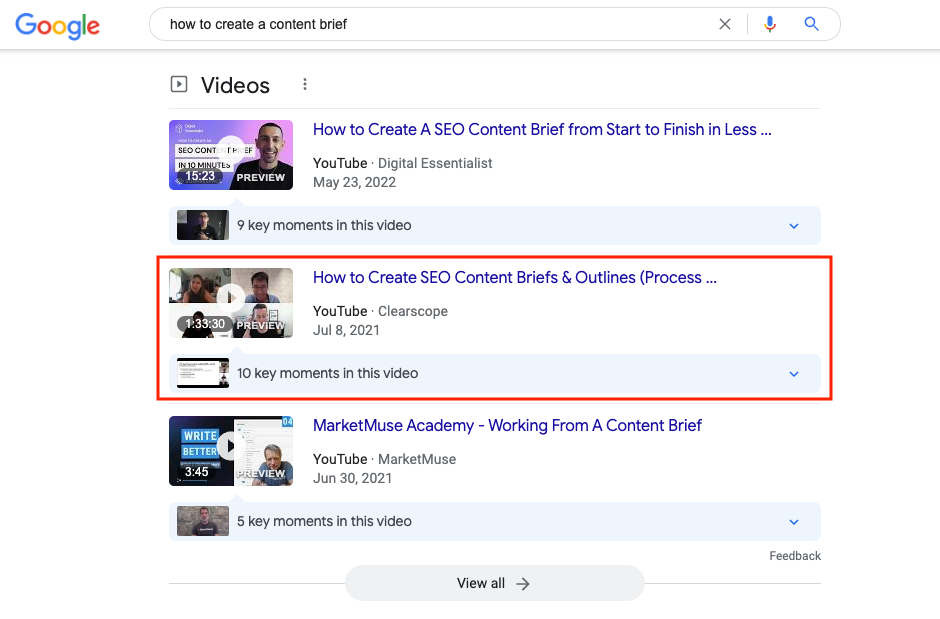 Search results that include Clearscope's YouTube videos