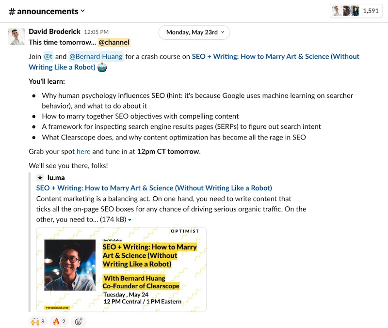 Screenshot of a Slack announcement for an event featuring Bernard