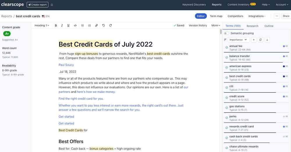 Clearscope's content optimizer