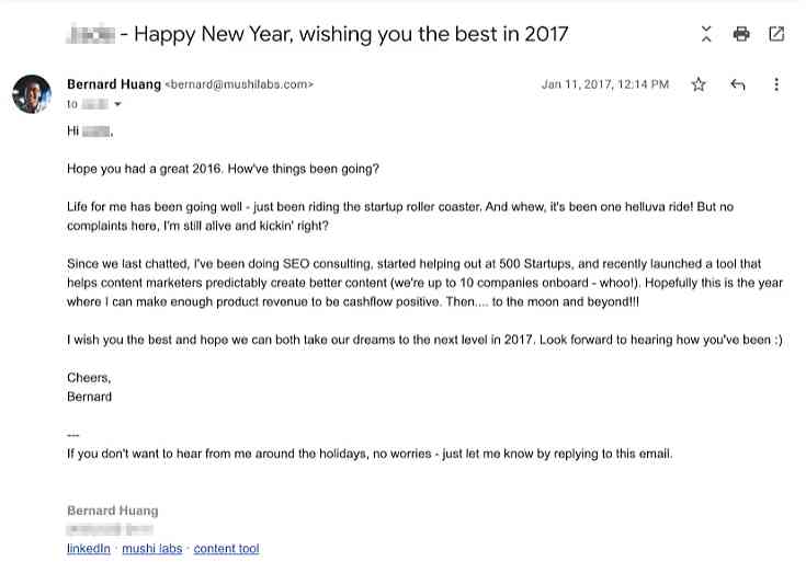 Screenshot of one of Bernard’s year-end outreach templates