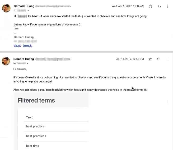 Emails from Bernard to early Clearscope customers