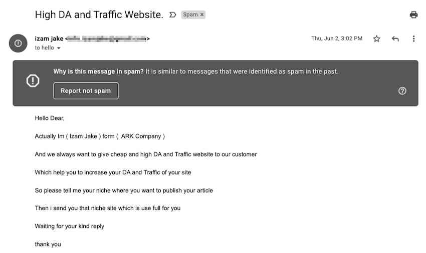 An example of poor SEO email outreach