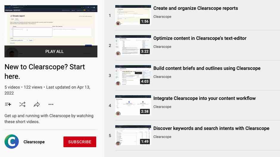 Clearscope's YouTube tutorials