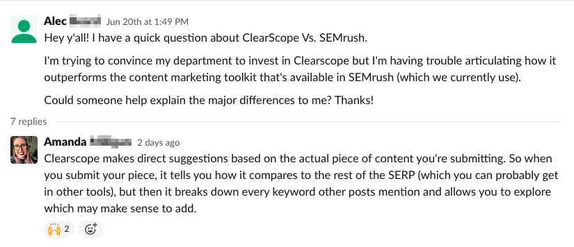 Two users discussing Clearscope as an SEO tool