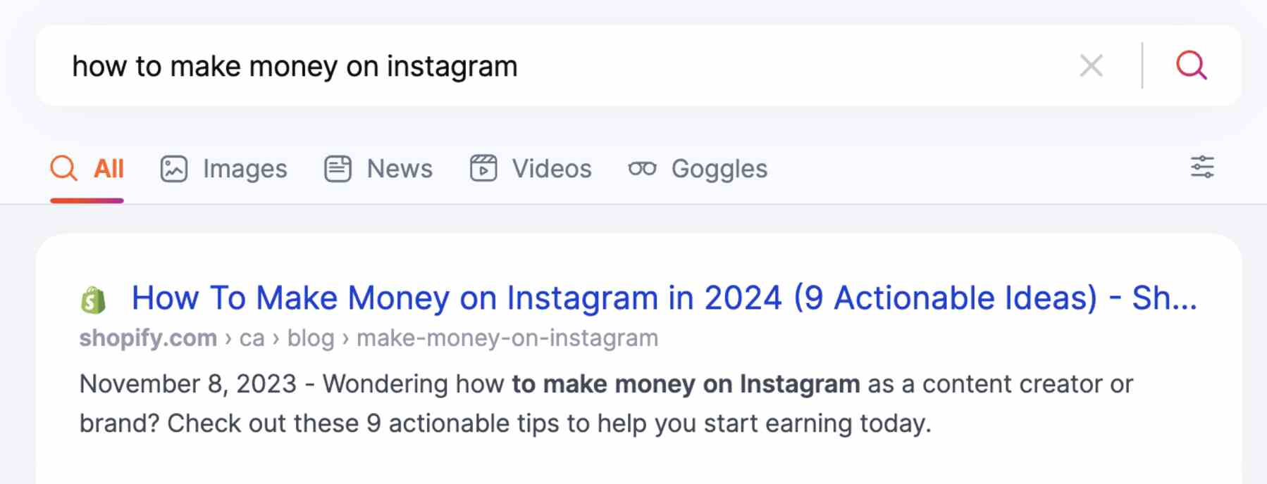 Image showing search results for "how to make money on instagram" that shows Shopify's article with the same name as the top result.
