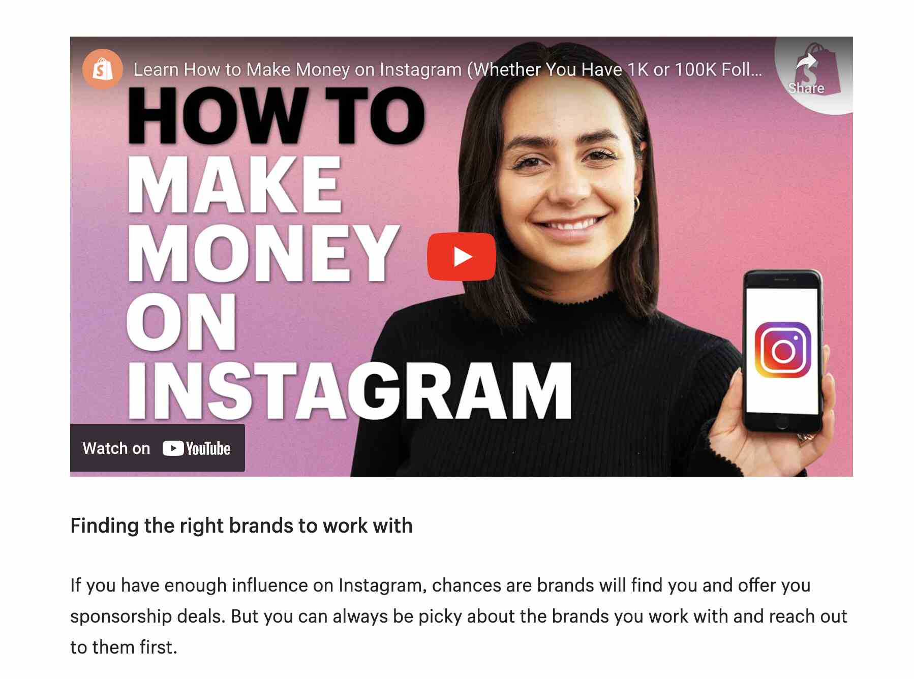 An image showing the "How to Make Money on Instagram" youtube video embedded into that article.
