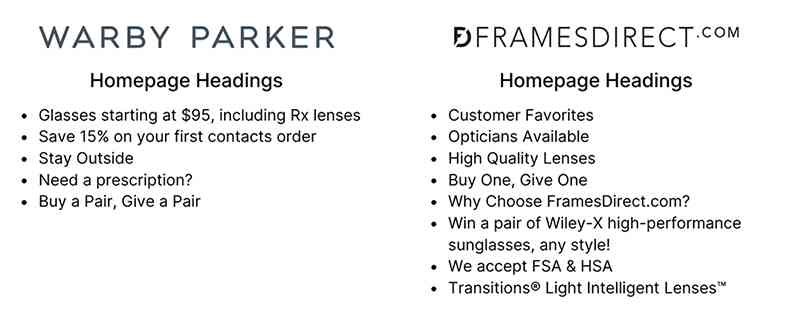Comparison of page headings between Warby Parker and FramesDirect.com
