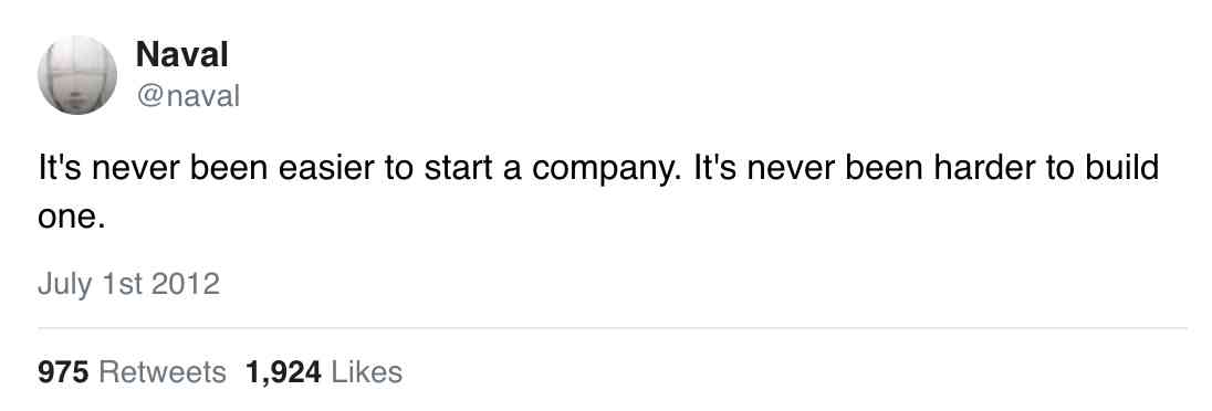 Naval tweet: "It's never been easier to start a company. It's never been harder to build one."