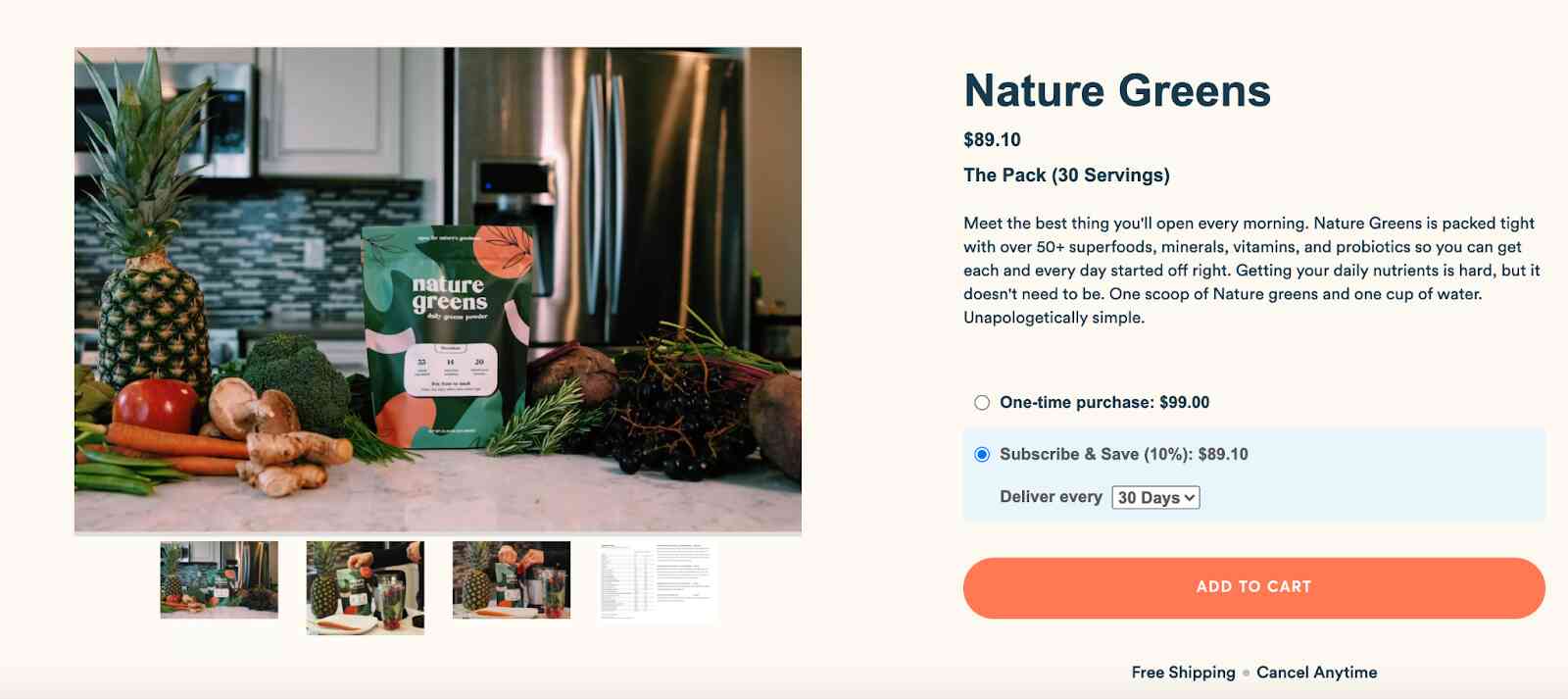 Example showing a "subscribe & save" feature on a product page.