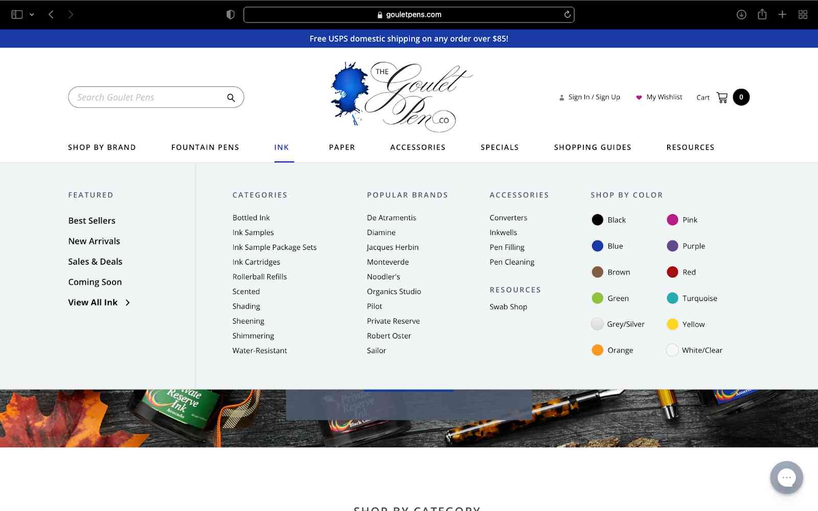 Example mega dropdown in the Nav from The Goulet Pen Co.