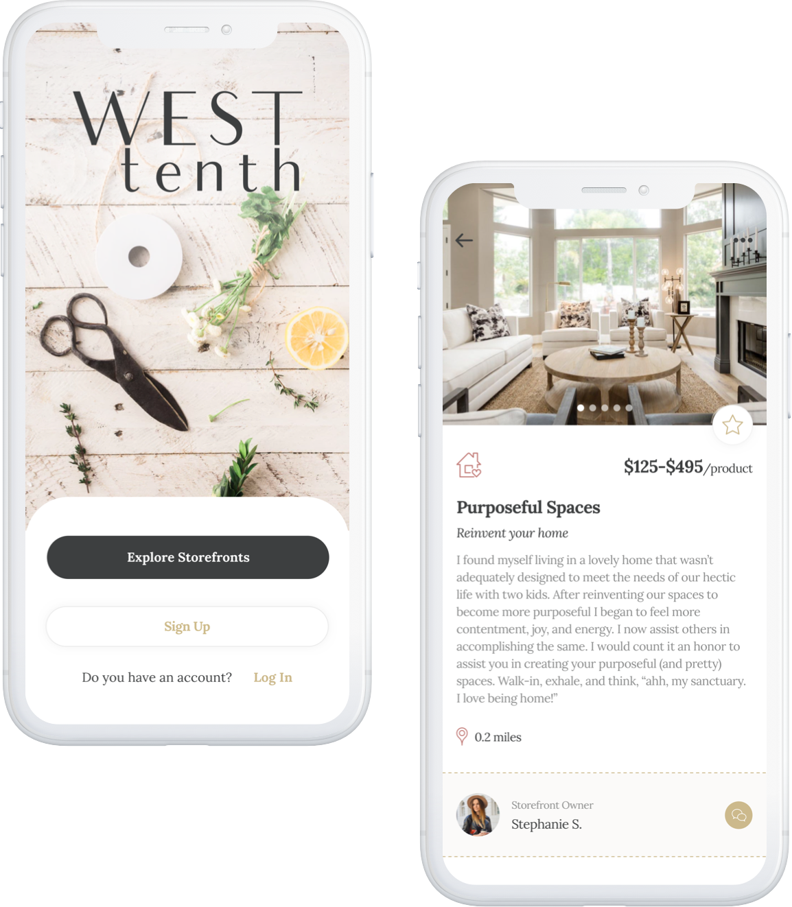 West Tenth App mockups: Browse Storefronts, Set Up Shop, Request a Service