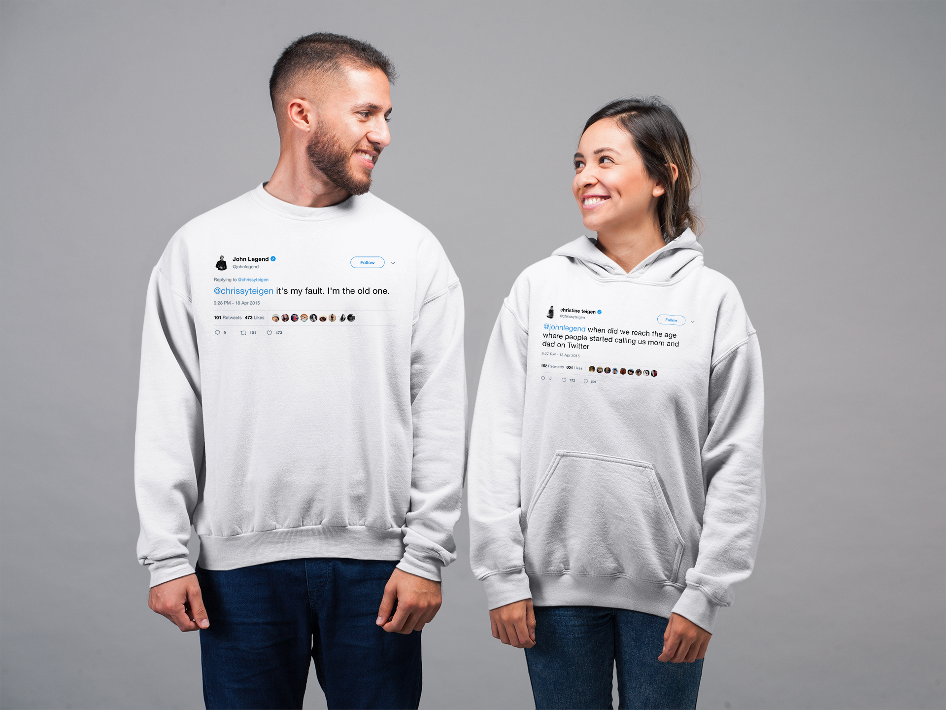 Couple of friends wearing matching Tee Tweets from John Legend and Chrissy Teigen