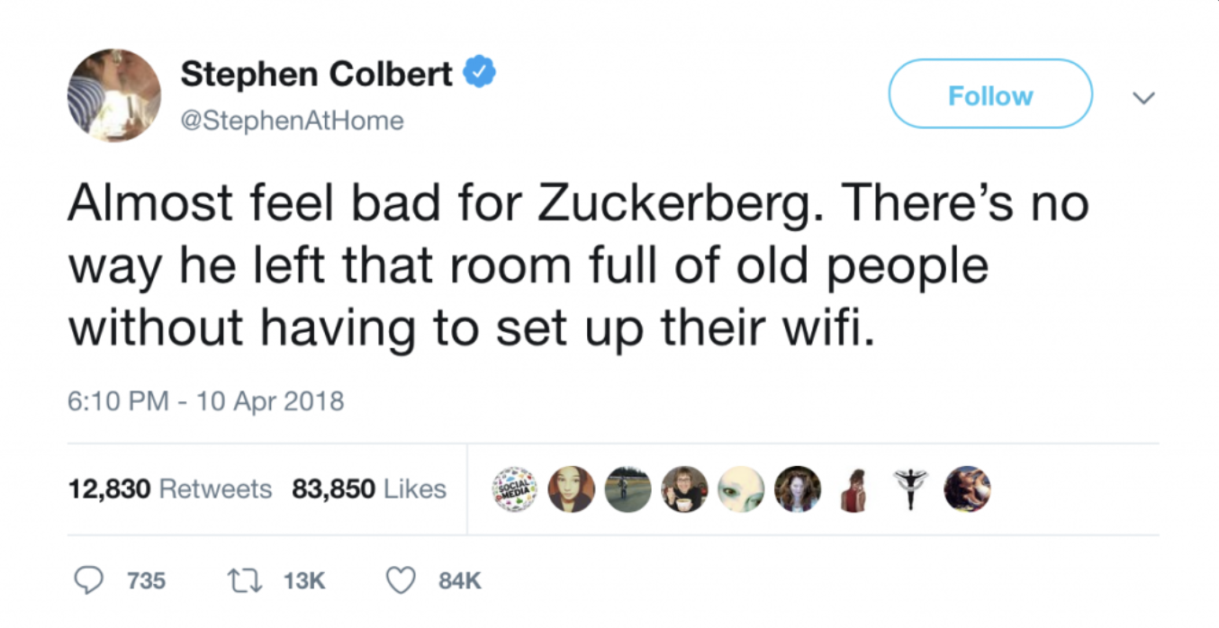 Stephen Colbert tweet about Mark Zuckerberg setting up WiFi for Congress