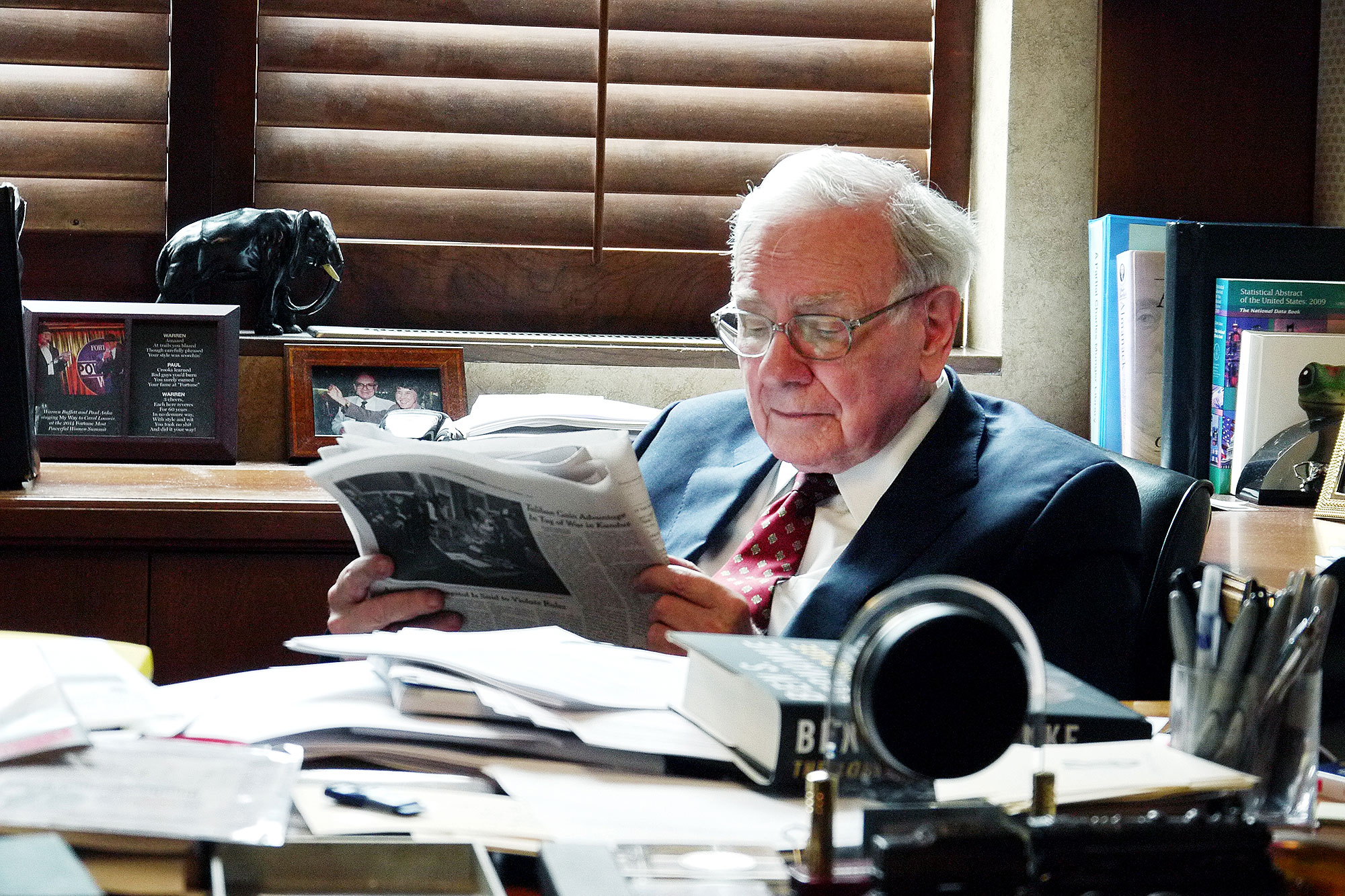 Warren Buffett reading in his office