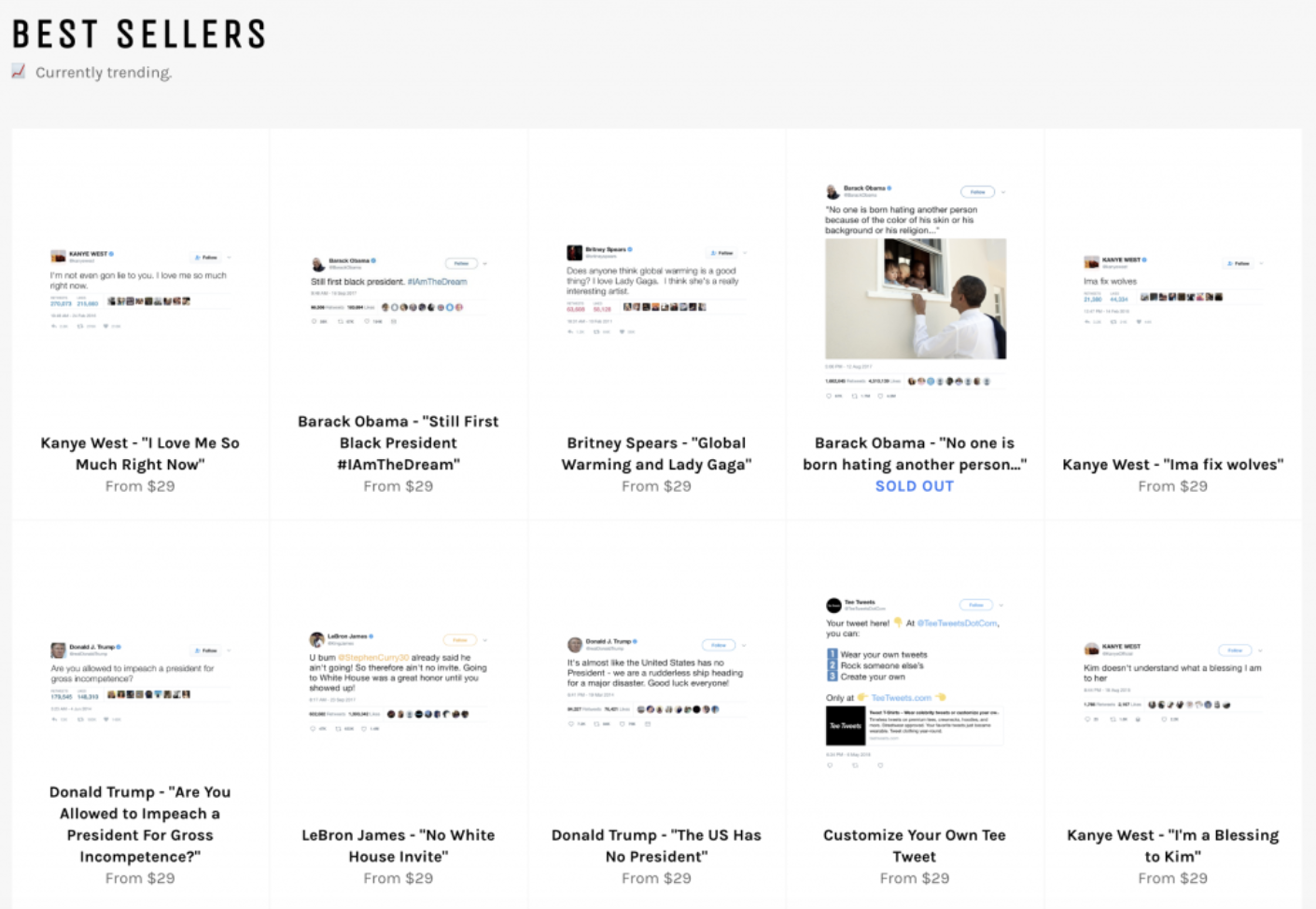 Screenshot of Tee Tweets best sellers