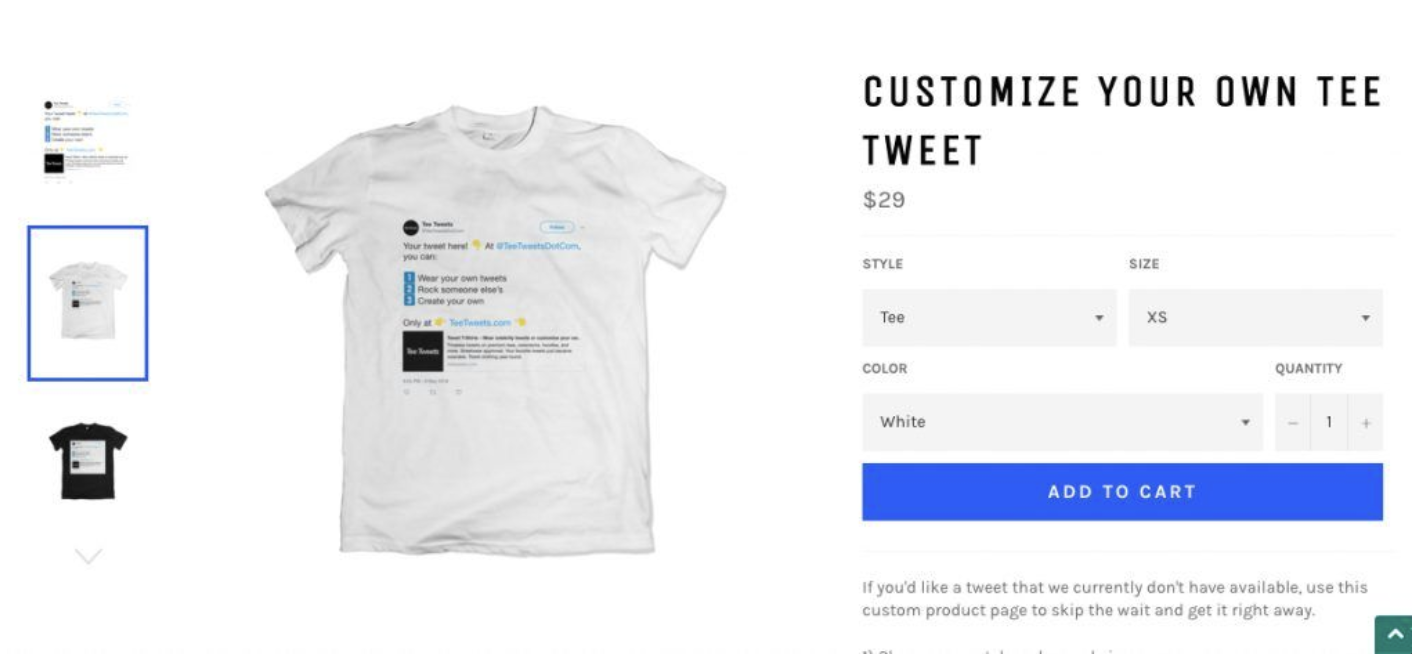 Screenshot of Tee Tweets custom t-shirt product page
