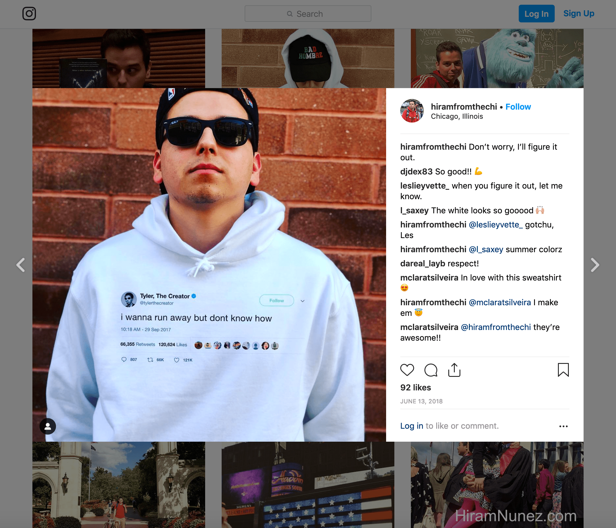 hiramfromthechi wearing Tee Tweets Tyler The Creator hoodie on Instagram