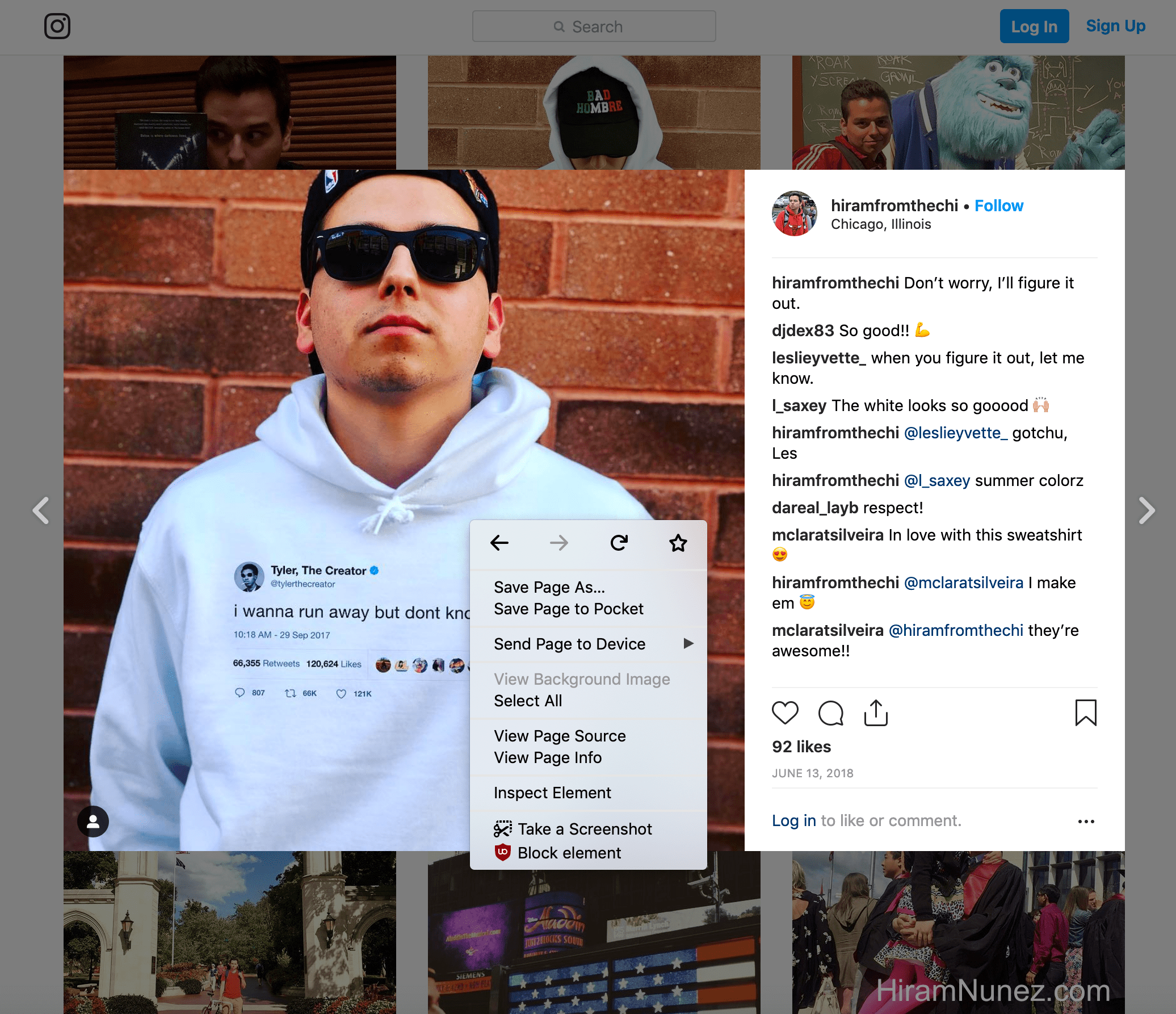 hiramfromthechi wearing Tee Tweets Tyler The Creator hoodie on Instagram right click options