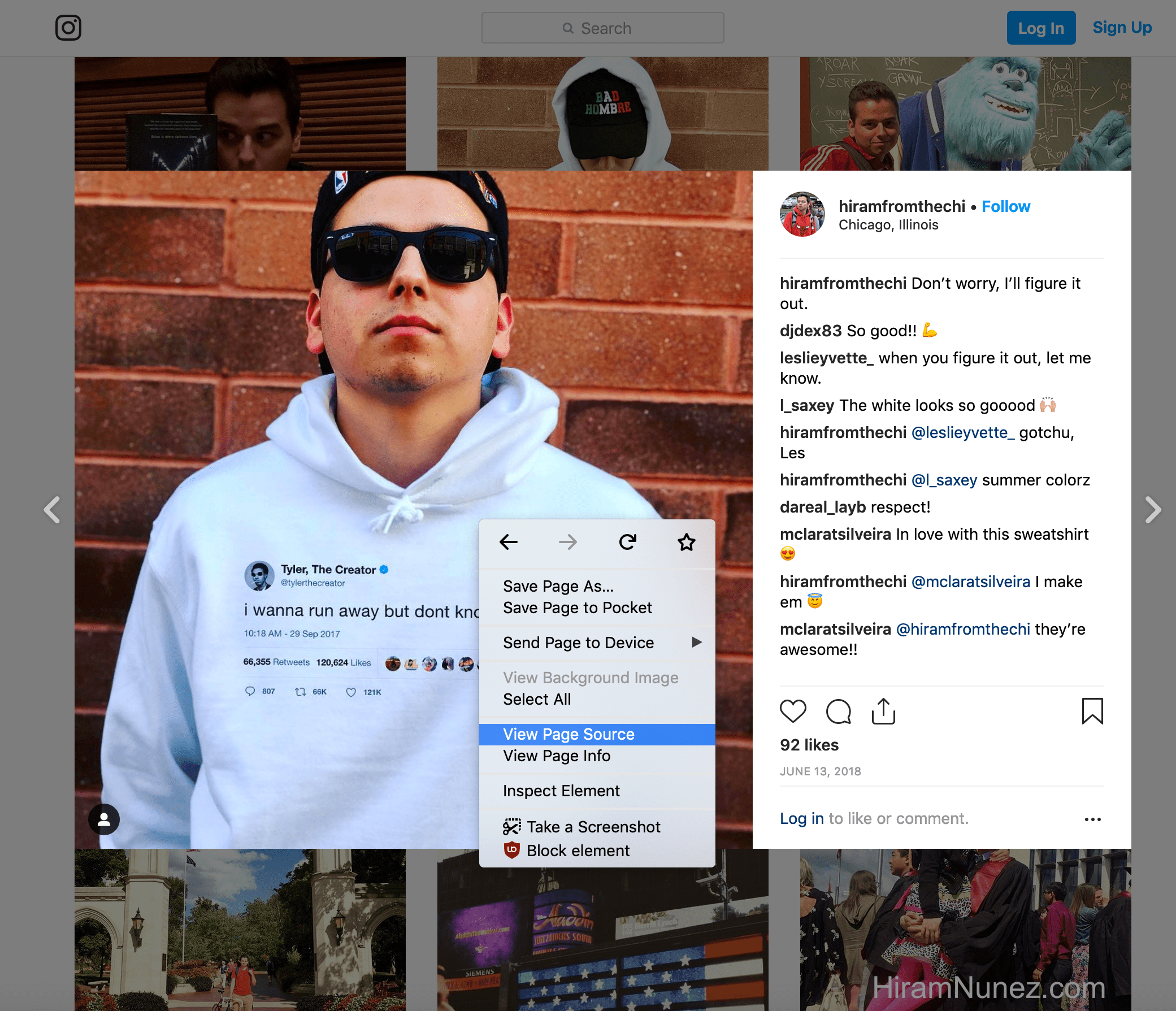 hiramfromthechi wearing Tee Tweets Tyler The Creator hoodie on Instagram right clicked with View Page Source