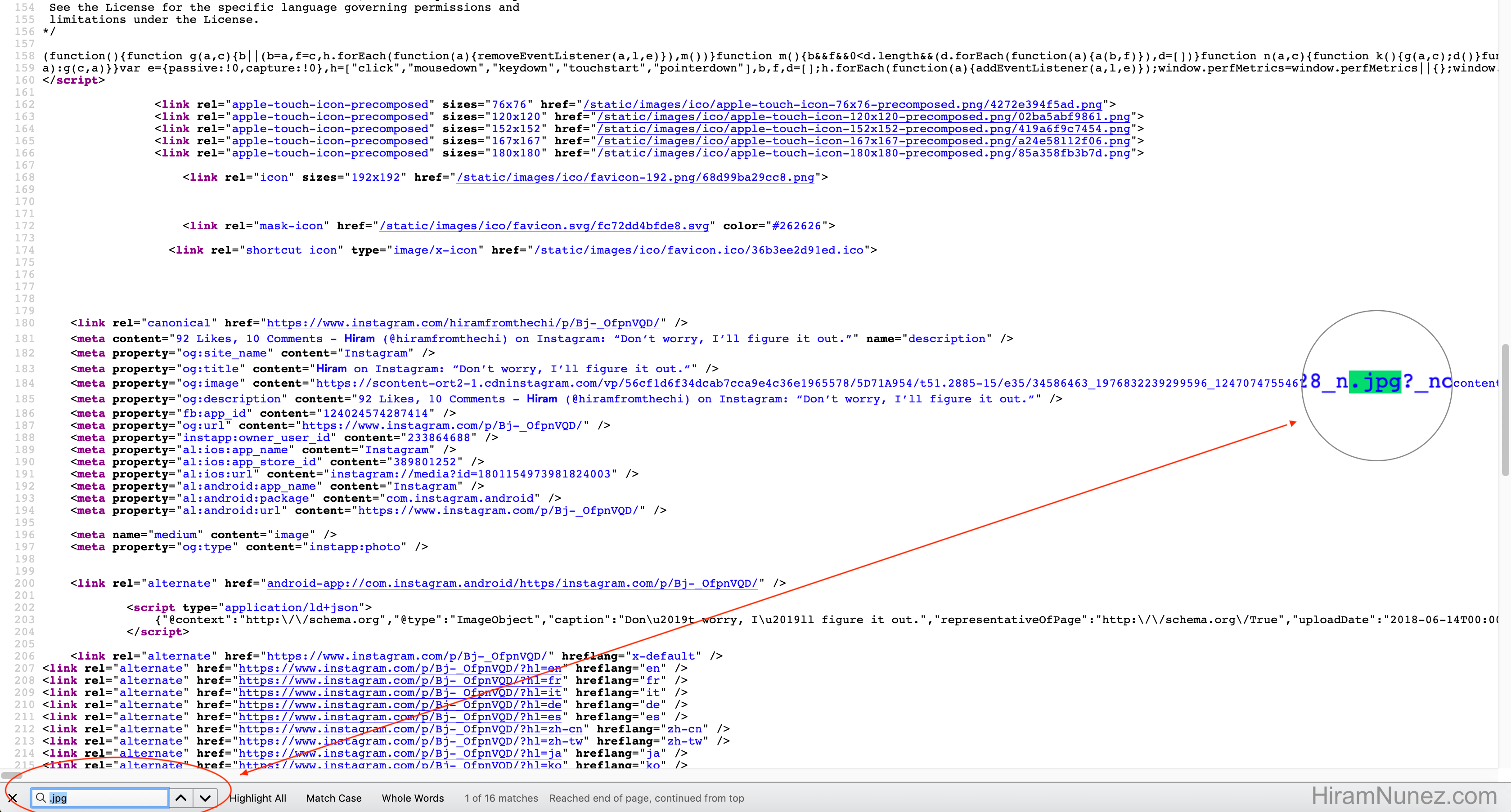 Instagram page source code diagram showing where the jpg is