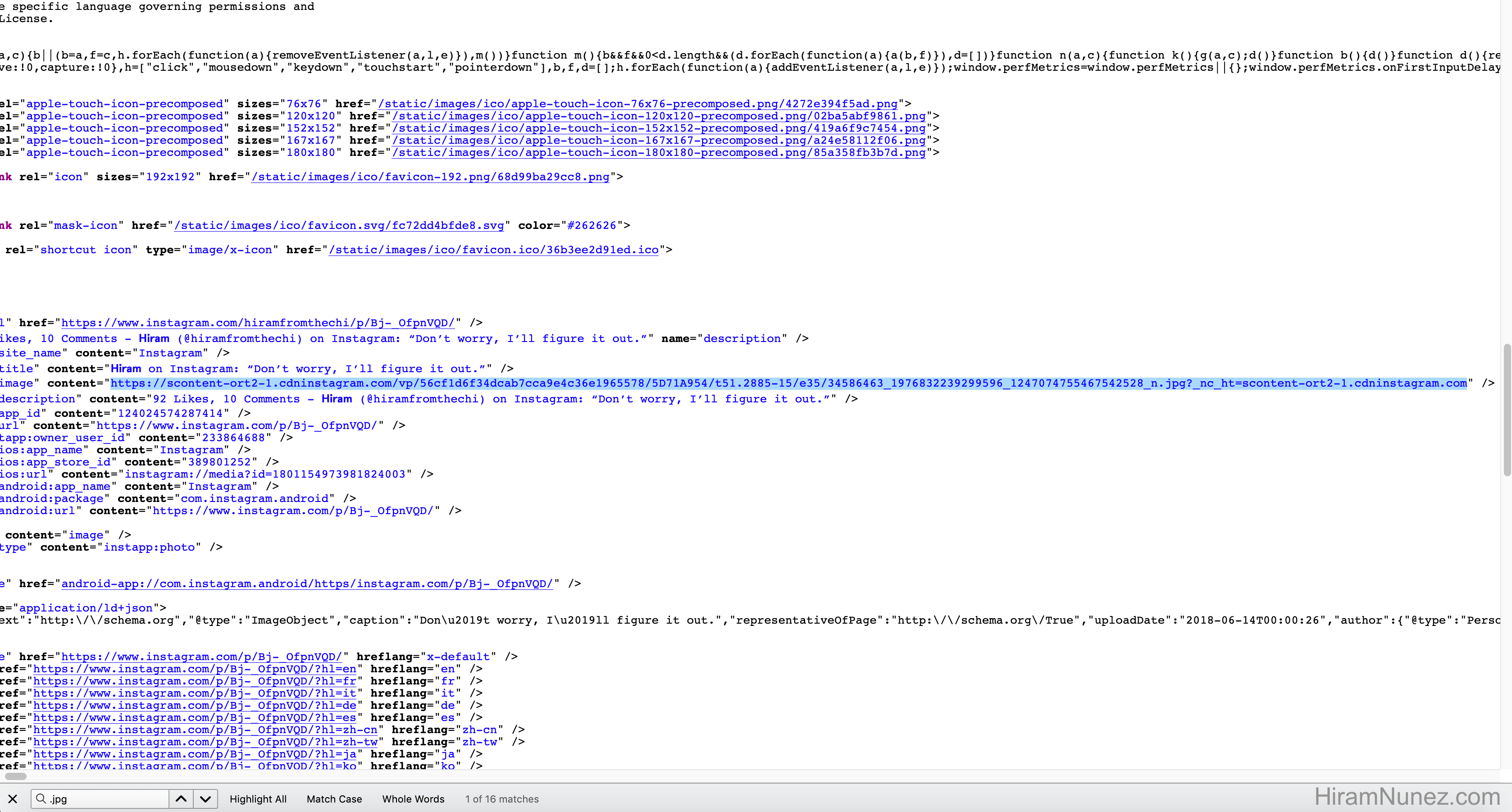 Instagram page source code showing where the picture address is