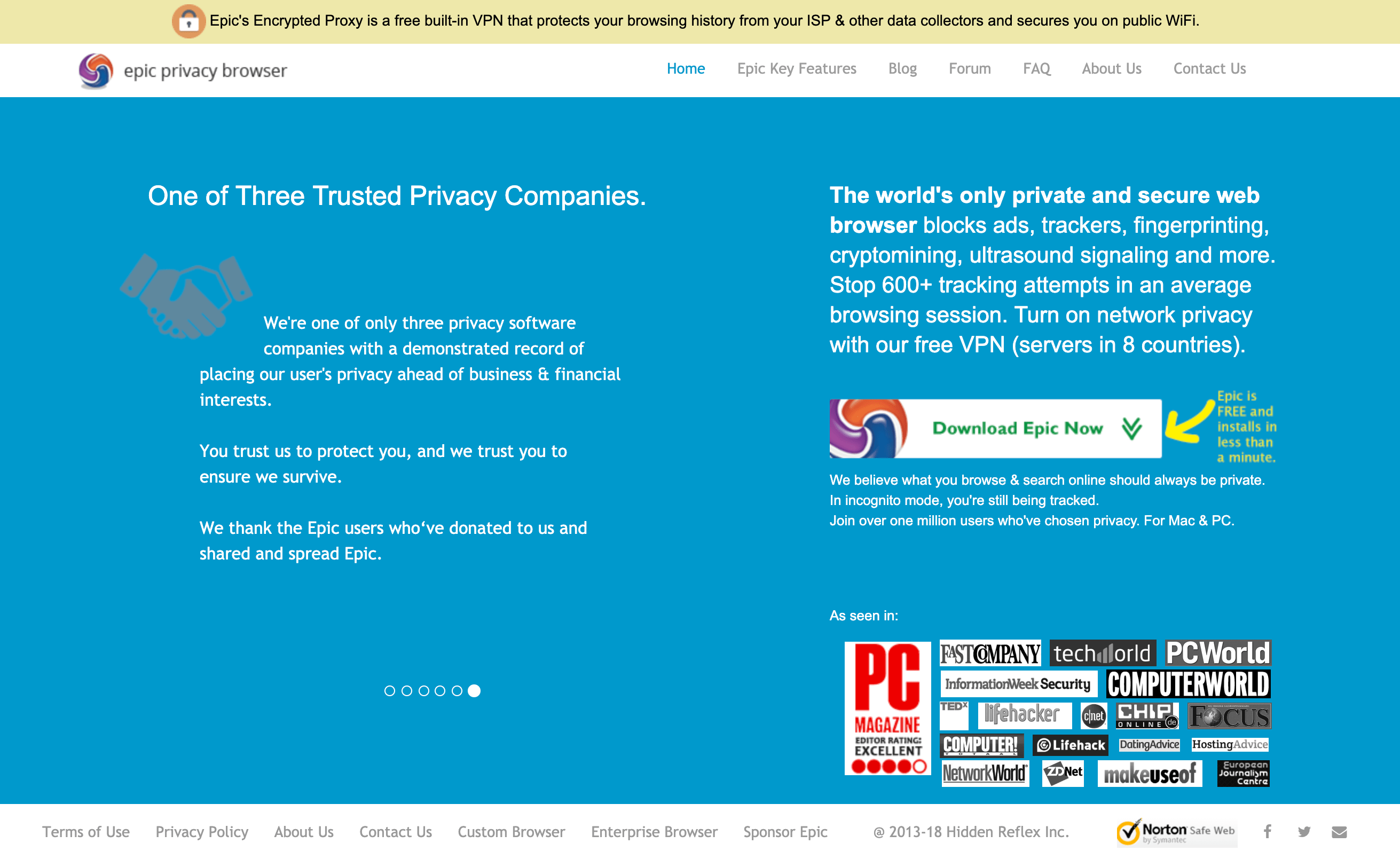 Epic privacy browser homepage
