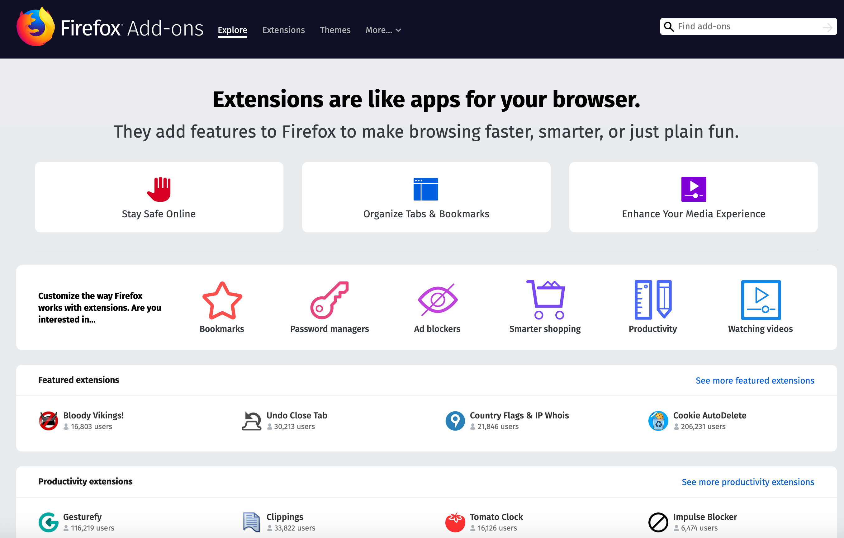 Mozilla Firefox add-ons extensions page