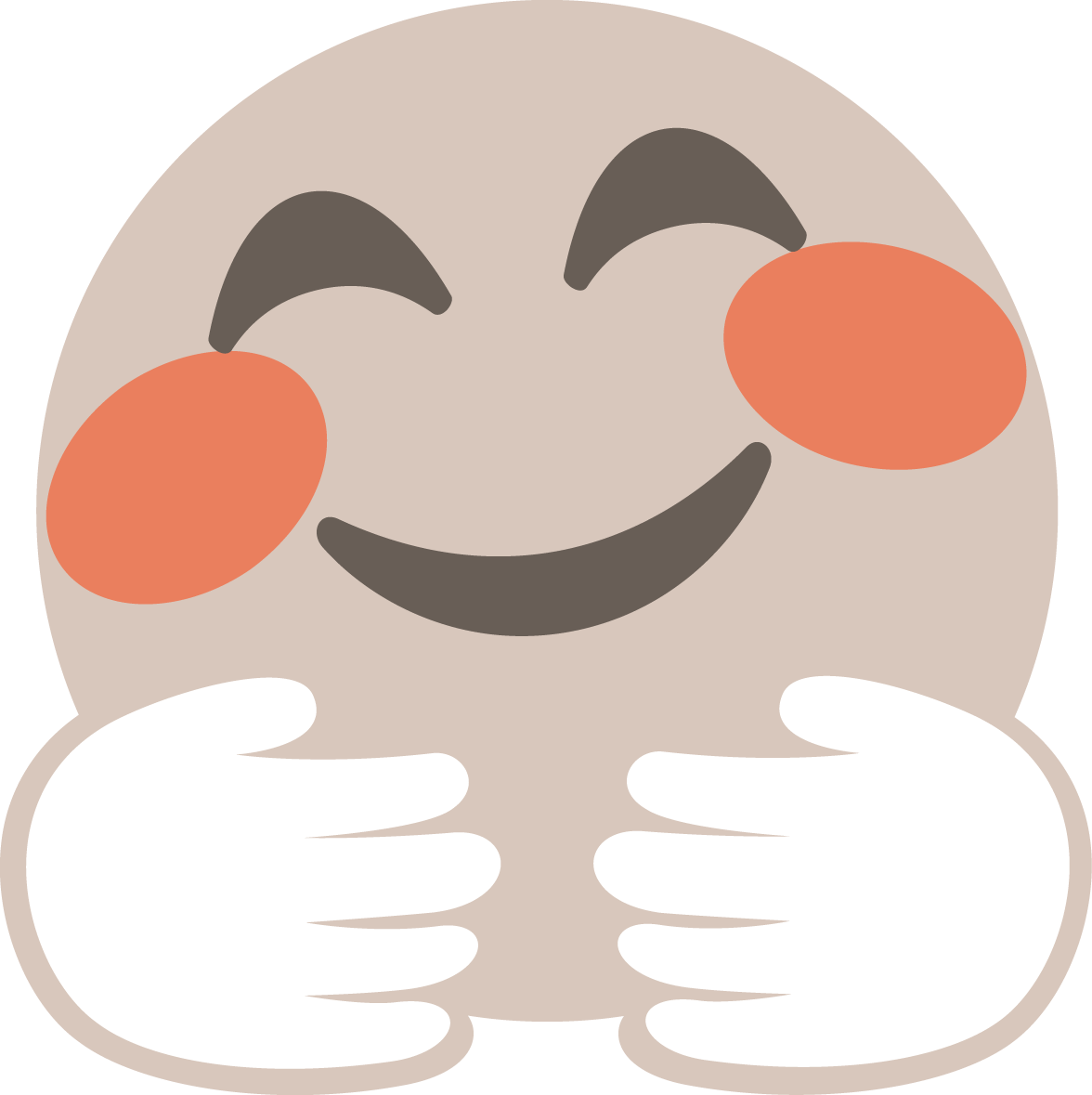 The .TIBA emoji - called "huggy". The face is very happy and positive. The skin color is beige with red cheeks showing to hands in white hugging