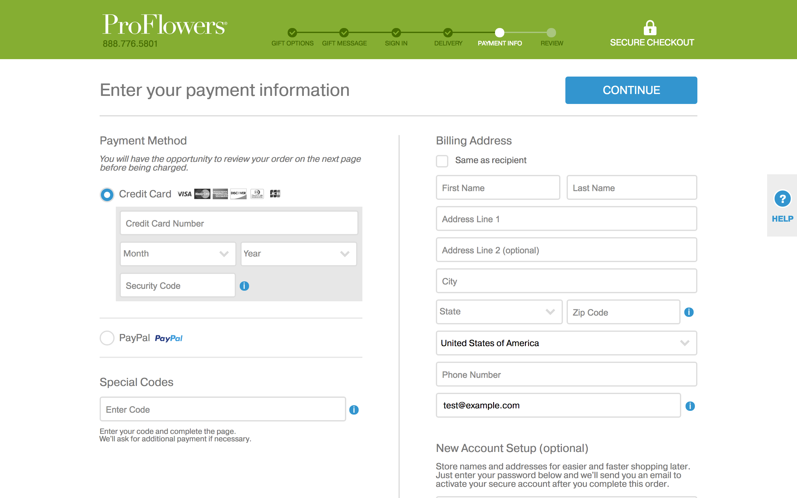 Proflowers - payment information page - screenshot