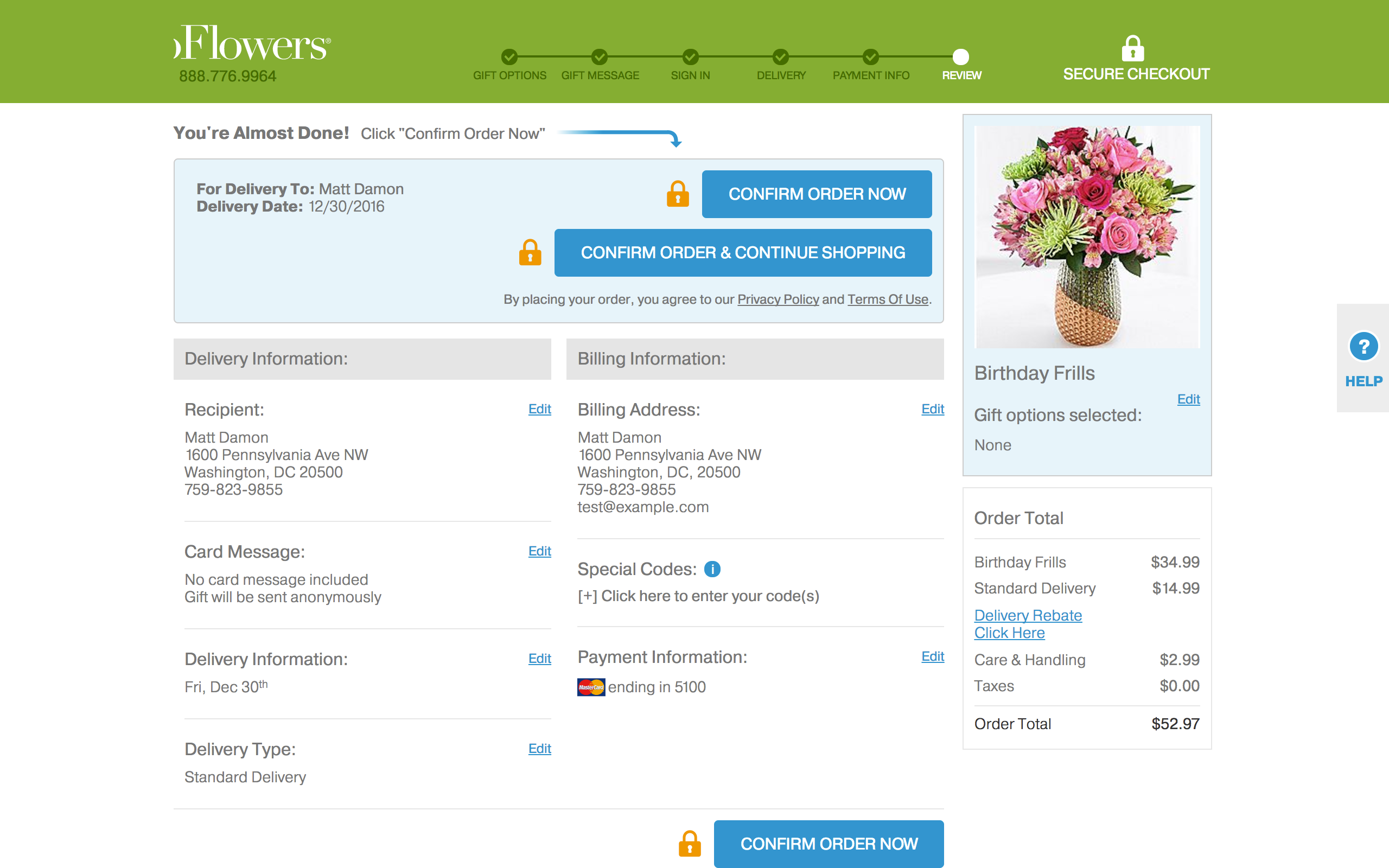 Proflowers - review order page - screenshot